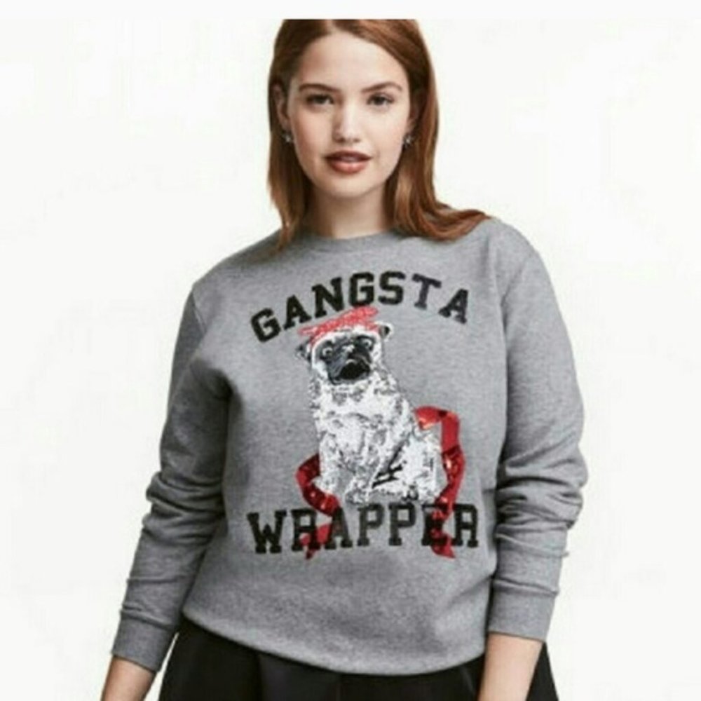 H&M Pug Sweater  Sequin Gangsta Wrapper Christmas